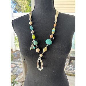 Chicos Turquoise Cream Bead Charms Silver Tone Long Chain Statement Necklace NEW